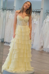 A Line Ruffles Yellow Tiered Formal Dress Sweetheart Appliques - MyChicDress